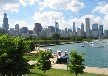 Chicago skyline and Lake Michigan from The Field Museum, Chicago, IL.
