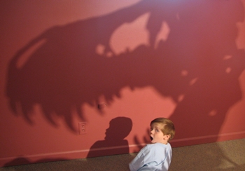 A Tyrannosaurus looming over my son at the Morrison Natural History Museum, Morrison, CO.