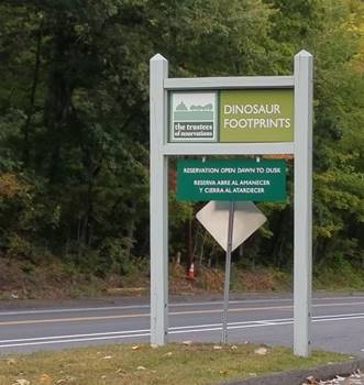 Sign next to Dinosaur Footprints Reservation, Holyoke, MA.