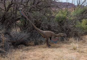 A Deinonychus stands alert on the Dinosaur Trail at Moab Giants, Moab, UT.